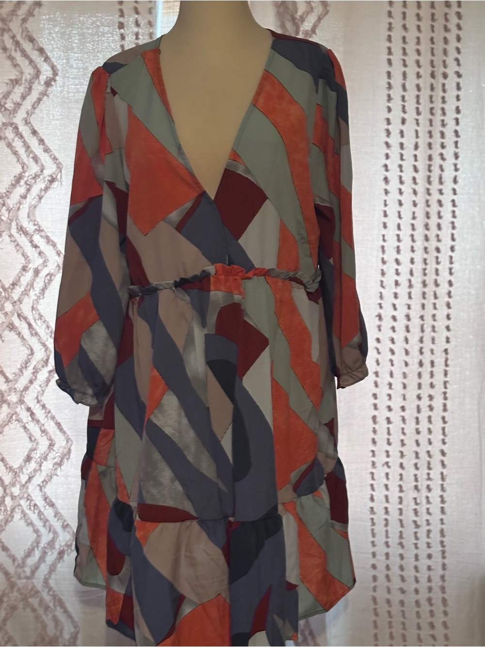 Umgee Geometric Print V-Neck Midi Dress - Orange, Blue & Cream
